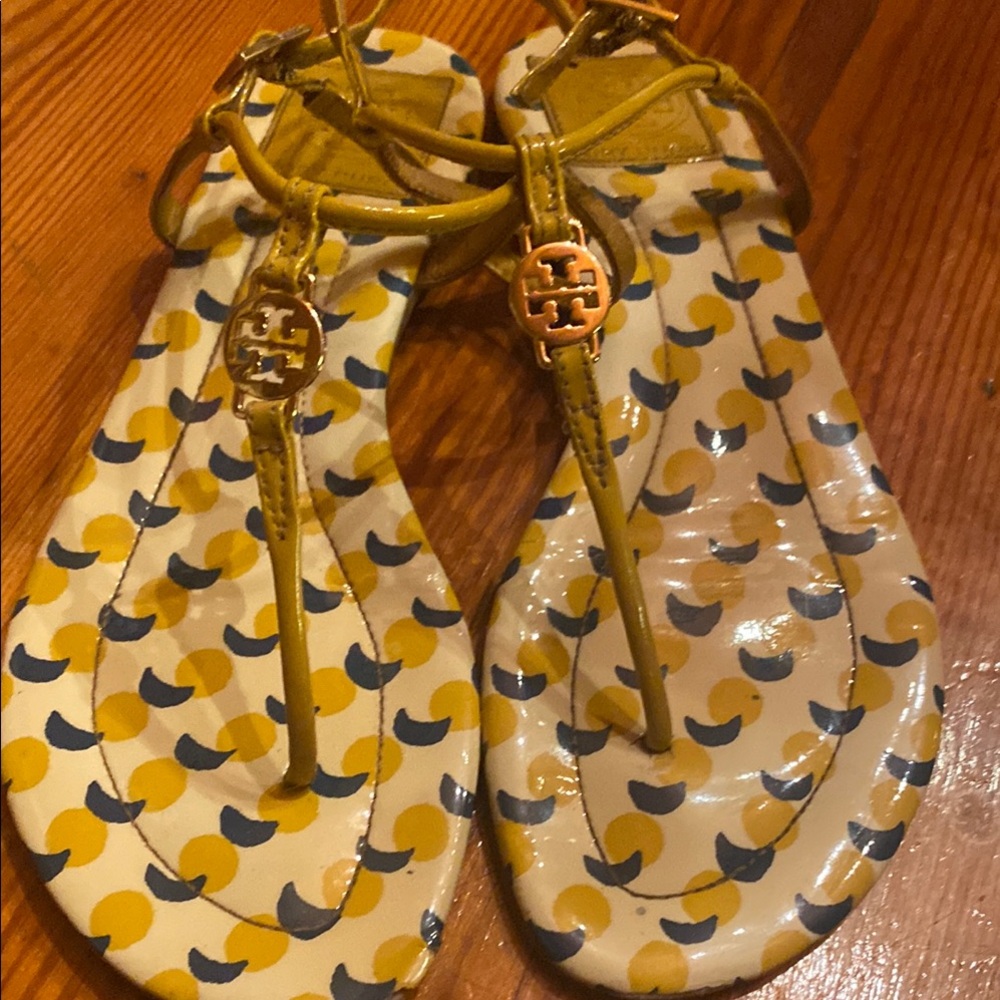 Tory Burch Yellow and Navy Patterned Sandals